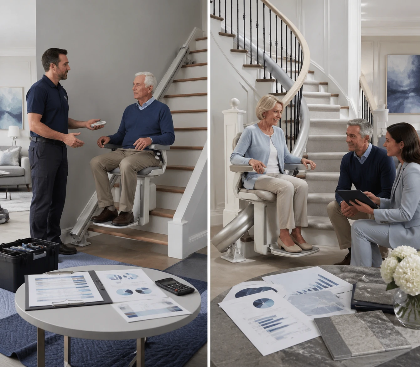 how stair lift installation works showing rail and chair setup on staircase in a residential home
